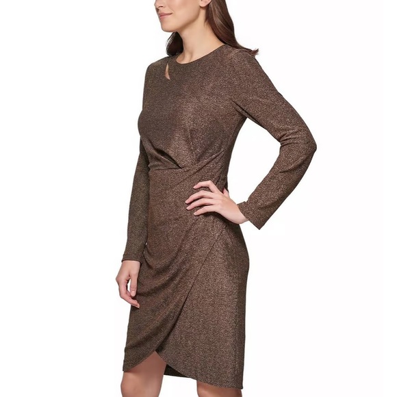 🌟NWT🌟 DKNY Women’s Gold Cutout Metallic Knit Sheath Dress - Picture 2 of 6